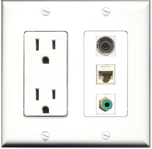 RiteAV - 15 Amp Power Outlet 1 Port RCA Green 1 Port 3.5mm 1 Port Cat6 Ethernet Ethernet White Decorative Wall Plate