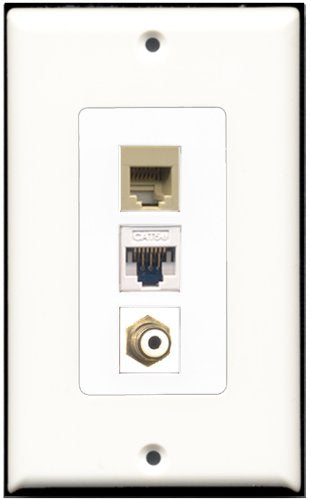 RiteAV - 1 Port RCA White 1 Phone RJ11 RJ12 Beige 1 Cat5e Ethernet White Wall Plate Decorative