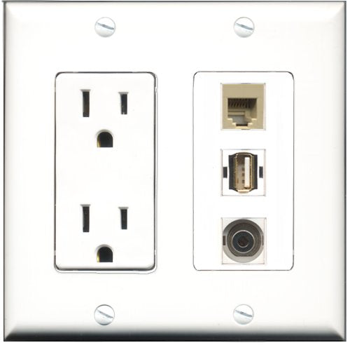 RiteAV - 15 Amp Power Outlet 1 Port USB A-A 1 Port Phone Beige 1 Port 3.5mm Decorative Wall Plate