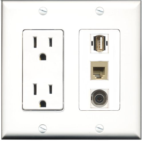RiteAV - 15 Amp Power Outlet 1 Port USB A-A 1 Port Phone Beige 1 Port 3.5mm Decorative Wall Plate