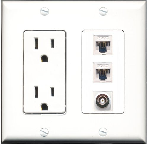 RiteAV - 15 Amp Power Outlet 1 Port BNC 2 Port Cat5e Ethernet White Decorative Wall Plate