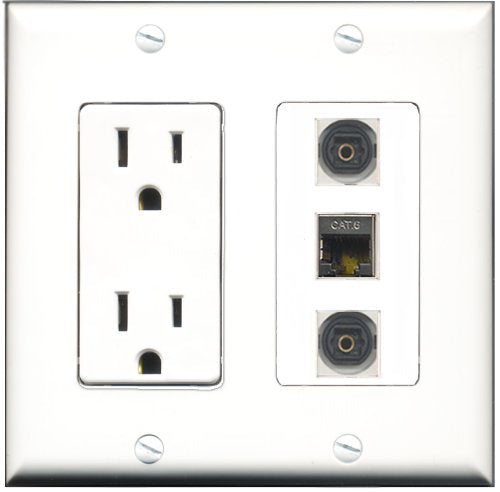 RiteAV - 15 Amp Power Outlet 1 Port Shielded Cat6 Ethernet Ethernet 2 Port Toslink Decorative Wall Plate