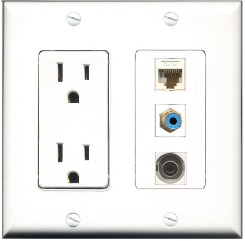 RiteAV - 15 Amp Power Outlet 1 Port RCA Blue 1 Port 3.5mm 1 Port Cat6 Ethernet Ethernet White Decorative Wall Plate