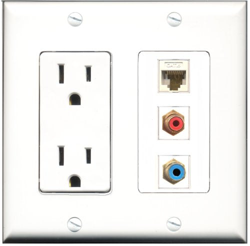 RiteAV - 15 Amp Power Outlet 1 Port RCA Red 1 Port RCA Blue 1 Port Cat6 Ethernet Ethernet White Decorative Wall Plate