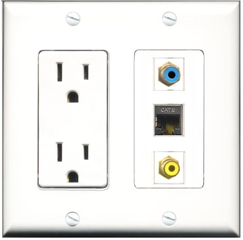RiteAV - 15 Amp Power Outlet 1 Port RCA Yellow 1 Port RCA Blue 1 Port Shielded Cat6 Ethernet Ethernet Decorative Wall Plate