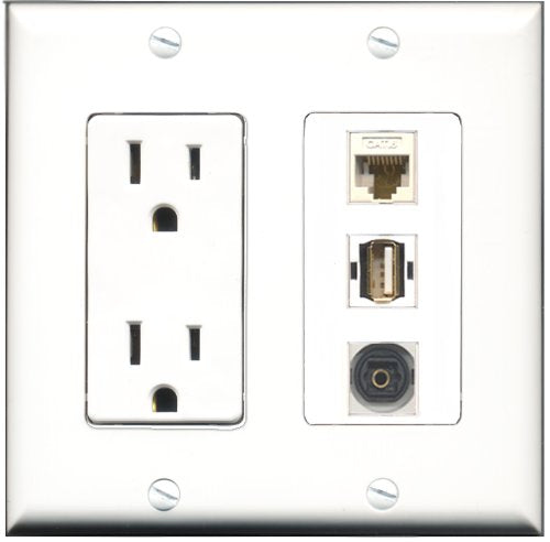 RiteAV - 15 Amp Power Outlet 1 Port USB A-A 1 Port Toslink 1 Port Cat6 Ethernet Ethernet White Decorative Wall Plate