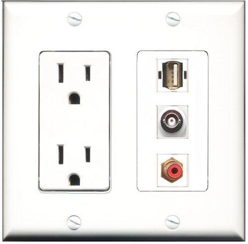 RiteAV - 15 Amp Power Outlet 1 Port RCA Red 1 Port USB A-A 1 Port BNC Decorative Wall Plate