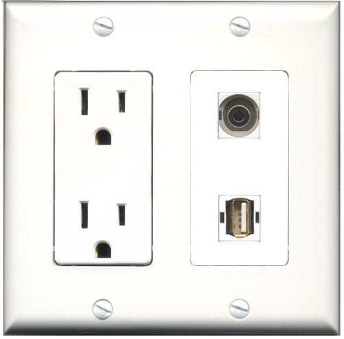 RiteAV - 15 Amp Power Outlet and 1 Port USB A-A and 1 Port 3.5mm Decorative Type Wall Plate White