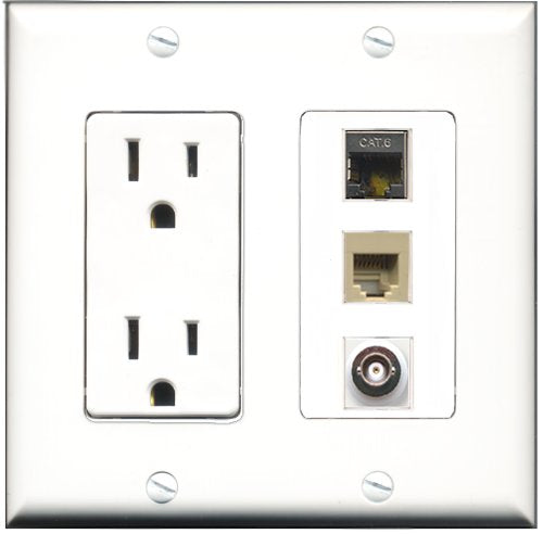 RiteAV - 15 Amp Power Outlet 1 Port Phone Beige 1 Port Shielded Cat6 Ethernet Ethernet 1 Port BNC Decorative Wall Plate