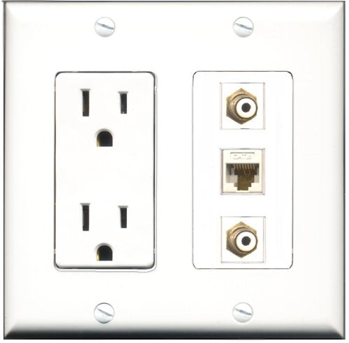RiteAV - 15 Amp Power Outlet 2 Port RCA White 1 Port Cat6 Ethernet Ethernet White Decorative Wall Plate