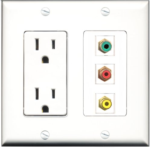 RiteAV - 15 Amp Power Outlet 1 Port RCA Red 1 Port RCA Yellow 1 Port RCA Green Decorative Wall Plate