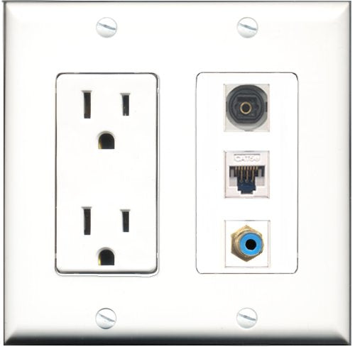 RiteAV - 15 Amp Power Outlet 1 Port RCA Blue 1 Port Toslink 1 Port Cat5e Ethernet White Decorative Wall Plate
