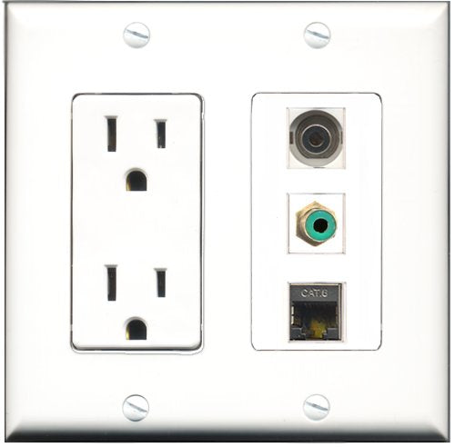 RiteAV - 15 Amp Power Outlet 1 Port RCA Green 1 Port Shielded Cat6 Ethernet Ethernet 1 Port 3.5mm Decorative Wall Plate