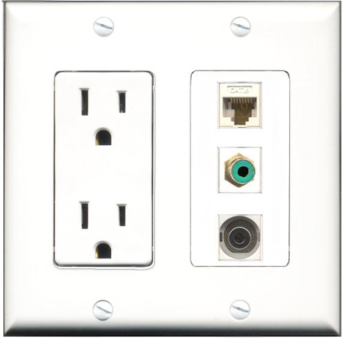 RiteAV - 15 Amp Power Outlet 1 Port RCA Green 1 Port 3.5mm 1 Port Cat6 Ethernet Ethernet White Decorative Wall Plate