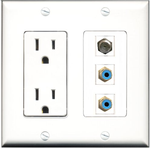 RiteAV - 15 Amp Power Outlet 2 Port RCA Blue 1 Port Coax Decorative Wall Plate