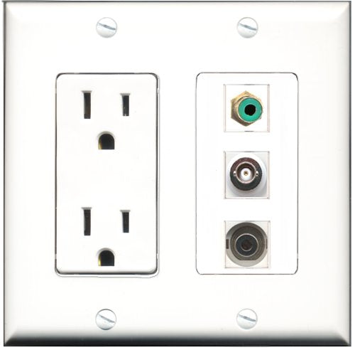 RiteAV - 15 Amp Power Outlet 1 Port RCA Green 1 Port 3.5mm 1 Port BNC Decorative Wall Plate
