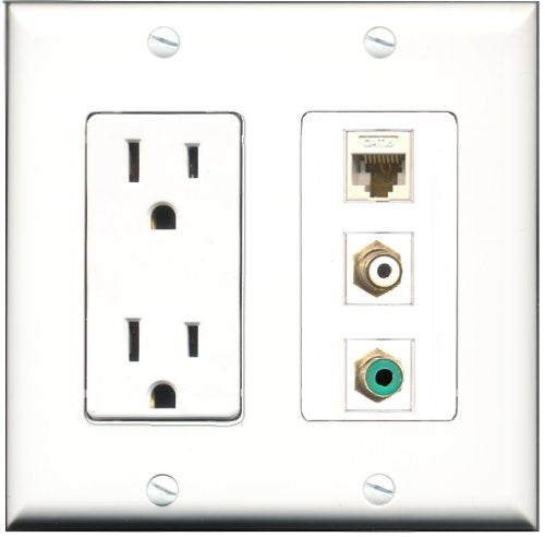 RiteAV - 15 Amp Power Outlet 1 Port RCA White 1 Port RCA Green 1 Port Cat6 Ethernet Ethernet White Decorative Wall Plate