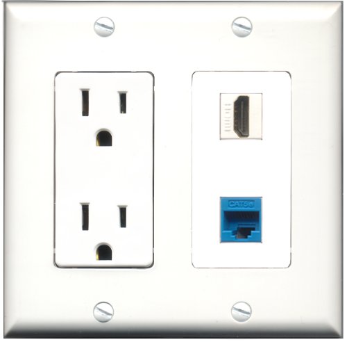 RiteAV - 15 Amp Power Outlet and 1 Port HDMI and 1 Port Cat5e Ethernet Blue Decorative Type Wall Plate White