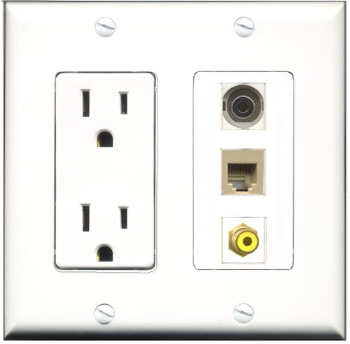 RiteAV - 15 Amp Power Outlet 1 Port RCA Yellow 1 Port Phone Beige 1 Port 3.5mm Decorative Wall Plate