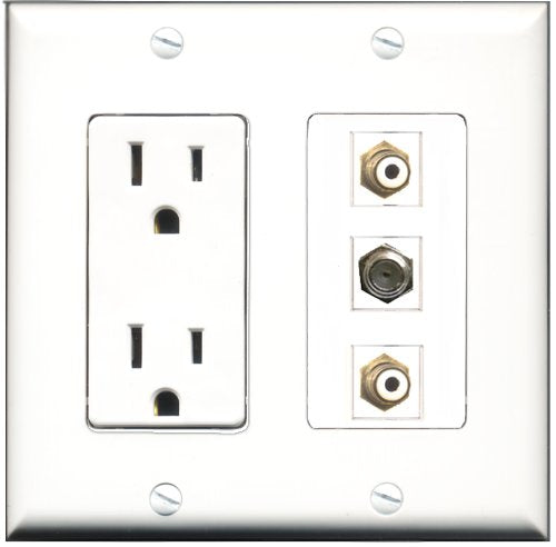 RiteAV - 15 Amp Power Outlet 2 Port RCA White 1 Port Coax Decorative Wall Plate