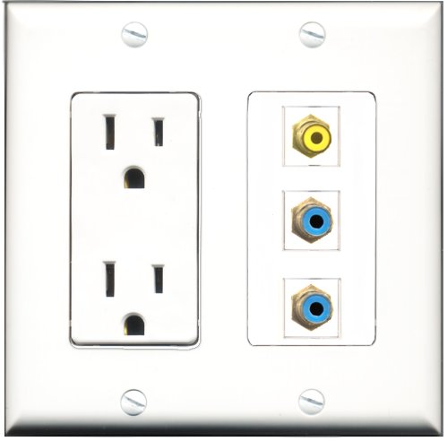 RiteAV - 15 Amp Power Outlet 1 Port RCA Yellow 2 Port RCA Blue Decorative Wall Plate