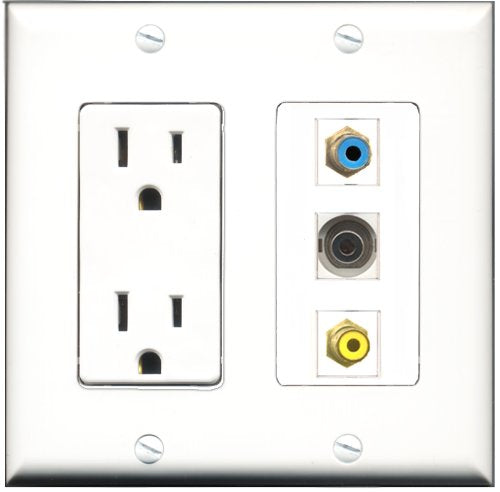 RiteAV - 15 Amp Power Outlet 1 Port RCA Yellow 1 Port RCA Blue 1 Port 3.5mm Decorative Wall Plate