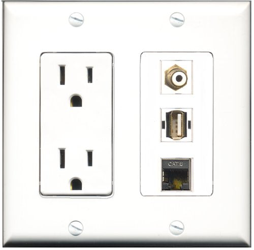 RiteAV - 15 Amp Power Outlet 1 Port RCA White 1 Port USB A-A 1 Port Shielded Cat6 Ethernet Ethernet Decorative Wall Plate