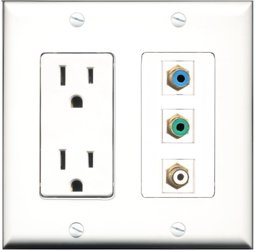 RiteAV - 15 Amp Power Outlet 1 Port RCA White 1 Port RCA Green 1 Port RCA Blue Decorative Wall Plate