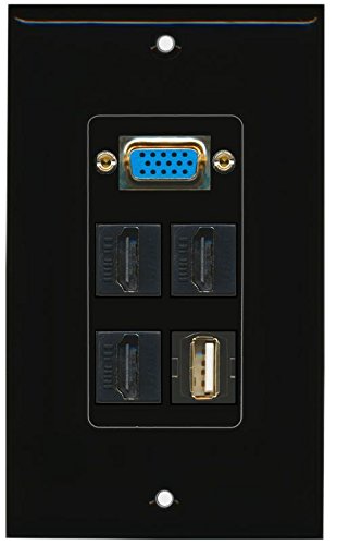 RiteAV (1 Gang Decorative) Svga USB A-A (Black) 3 HDMI Black Wall Plate Black