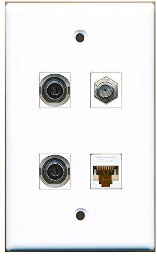 RiteAV - 1 Port Coax Cable TV- F-Type 2 Port 3.5mm 1 Port Cat6 Ethernet White Wall Plate