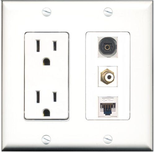 RiteAV - 15 Amp Power Outlet 1 Port RCA White 1 Port Toslink 1 Port Cat5e Ethernet White Decorative Wall Plate