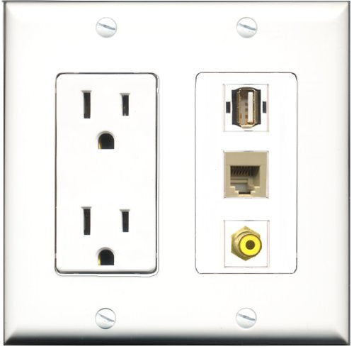 RiteAV - 15 Amp Power Outlet 1 Port RCA Yellow 1 Port USB A-A 1 Port Phone Beige Decorative Wall Plate