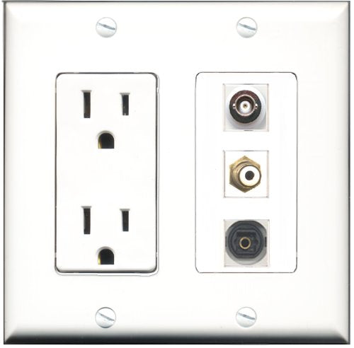 RiteAV - 15 Amp Power Outlet 1 Port RCA White 1 Port Toslink 1 Port BNC Decorative Wall Plate