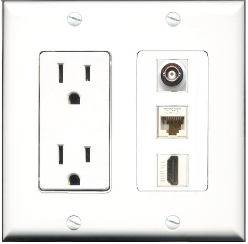 RiteAV - 15 Amp Power Outlet 1 Port HDMI 1 Port BNC 1 Port Cat6 Ethernet Ethernet White Decorative Wall Plate