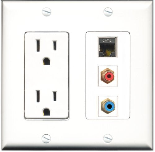 RiteAV - 15 Amp Power Outlet 1 Port RCA Red 1 Port RCA Blue 1 Port Shielded Cat6 Ethernet Ethernet Decorative Wall Plate
