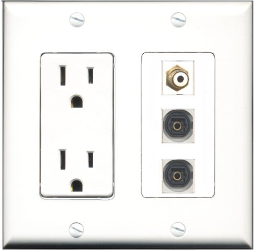 RiteAV - 15 Amp Power Outlet 1 Port RCA White 2 Port Toslink Decorative Wall Plate