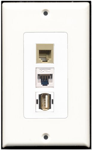 RiteAV - 1 Port USB A-A 1 Phone RJ11 RJ12 Beige 1 Cat5e Ethernet White Wall Plate Decorative