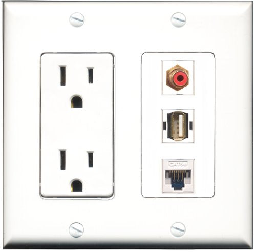 RiteAV - 15 Amp Power Outlet 1 Port RCA Red 1 Port USB A-A 1 Port Cat5e Ethernet White Decorative Wall Plate