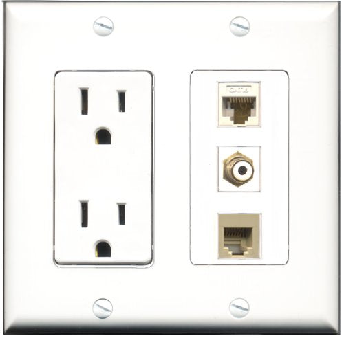 RiteAV - 15 Amp Power Outlet 1 Port RCA White 1 Port Phone Beige 1 Port Cat6 Ethernet Ethernet White Decorative Wall Plate