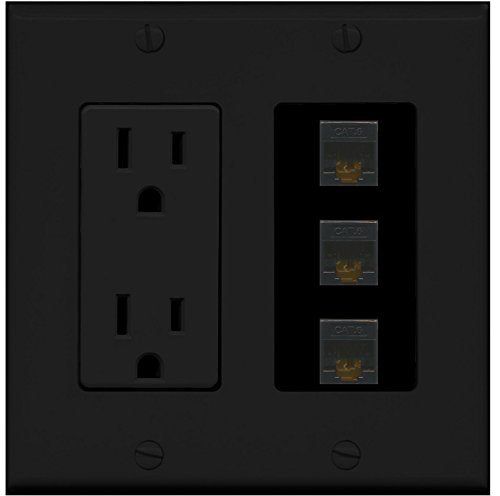 RiteAV (2 Gang Decorative) 15A Power Outlet 3 Cat6 Black Wall Plate Black