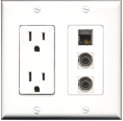 RiteAV - 15 Amp Power Outlet 1 Port Shielded Cat6 Ethernet Ethernet 2 Port 3.5mm Decorative Wall Plate