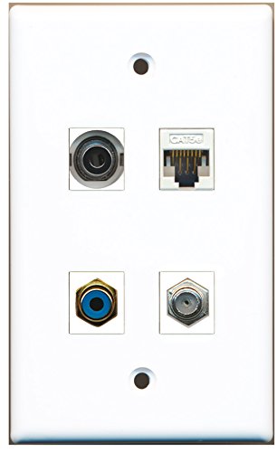 RiteAV - 1 Port RCA Blue 1 Port Coax Cable TV- F-Type 1 Port 3.5mm 1 Port Cat5e Ethernet White Wall Plate