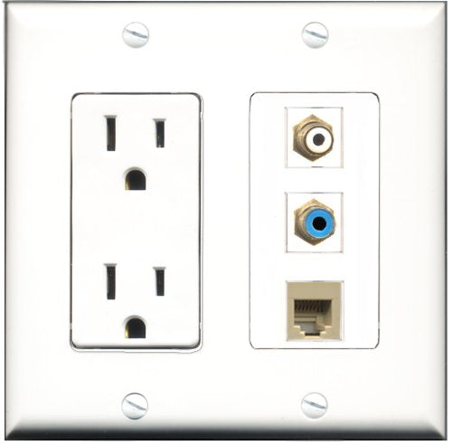 RiteAV - 15 Amp Power Outlet 1 Port RCA White 1 Port RCA Blue 1 Port Phone Beige Decorative Wall Plate
