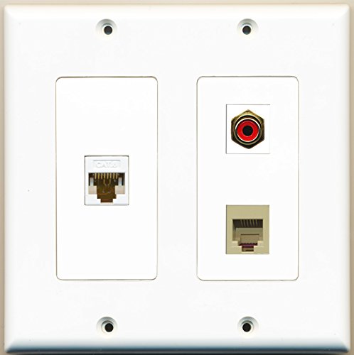 RiteAV - 1 Port RCA Red 1 Port Phone RJ11 RJ12 Beige 1 Port Cat6 Ethernet White - 2 Gang Wall Plate
