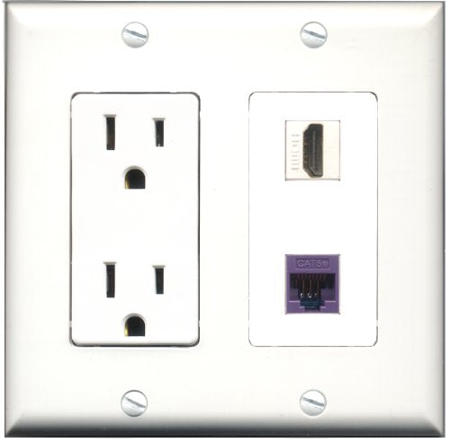 RiteAV - 15 Amp Power Outlet and 1 Port HDMI and 1 Port Cat5e Ethernet Purple Decorative Type Wall Plate White