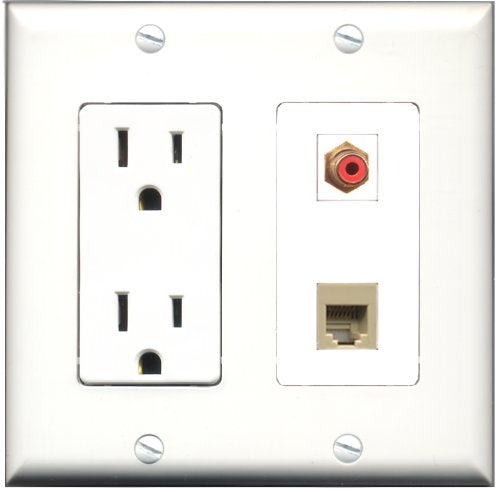 RiteAV - 15 Amp Power Outlet and 1 Port RCA Red and 1 Port Phone RJ11 RJ12 Beige Decorative Type Wall Plate White