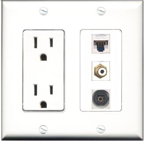 RiteAV - 15 Amp Power Outlet 1 Port RCA White 1 Port Toslink 1 Port Cat5e Ethernet White Decorative Wall Plate
