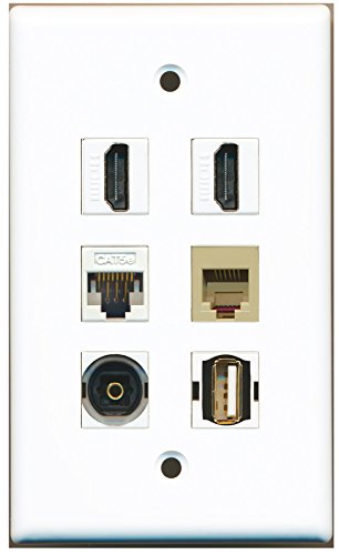 RiteAV - 2 HDMI 1 Port USB A-A 1 Port Phone RJ11 RJ12 Beige 1 Port Toslink 1 Port Cat5e Ethernet White Wall Plate