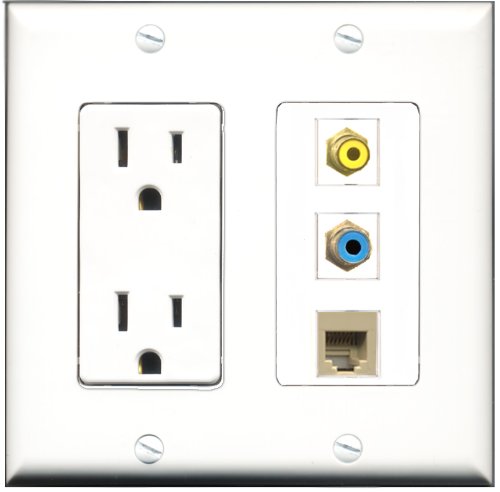 RiteAV - 15 Amp Power Outlet 1 Port RCA Yellow 1 Port RCA Blue 1 Port Phone Beige Decorative Wall Plate