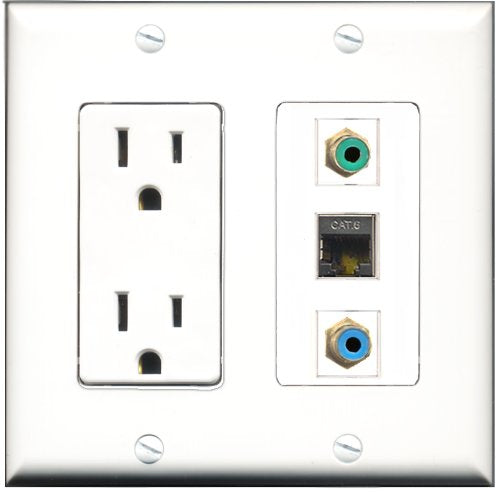 RiteAV - 15 Amp Power Outlet 1 Port RCA Green 1 Port RCA Blue 1 Port Shielded Cat6 Ethernet Ethernet Decorative Wall Plate
